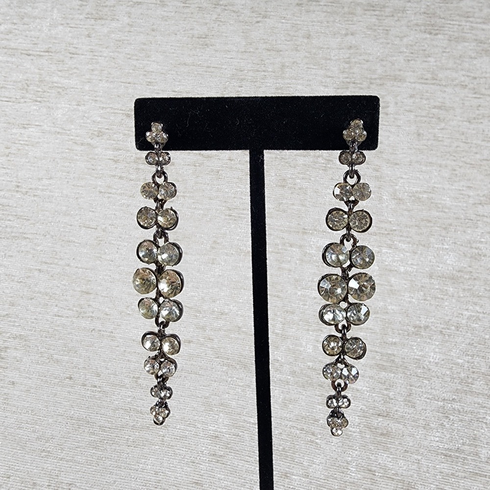 Silvertone Crystal Waterfall Style Earrings 3 1/4" Costume Glam Dark Romantic